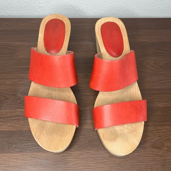 Madewell Lipstick Red Double Strap Leather Wood Clara Clog Heeled Sandal - Picture 5 of 14